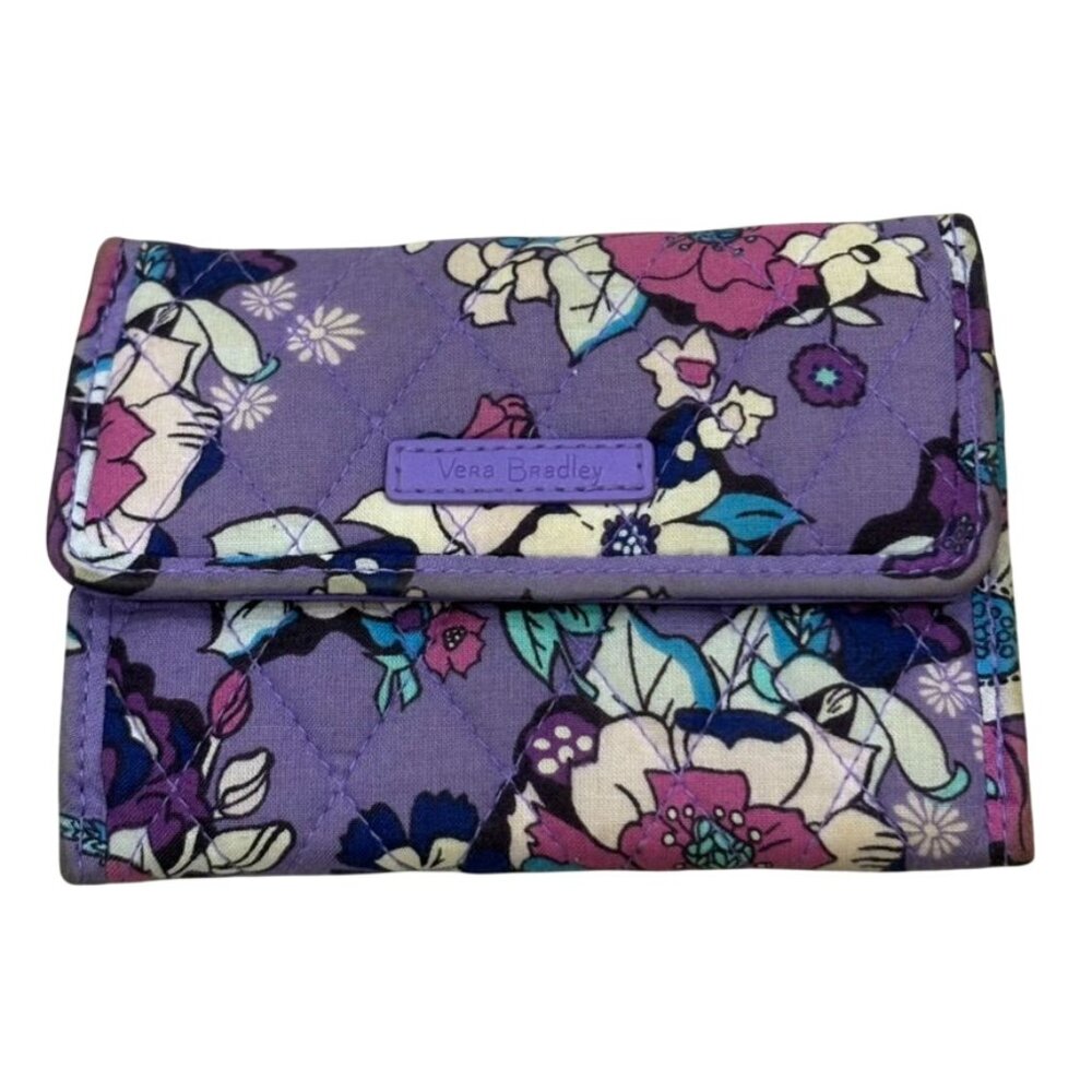 Vera Bradley Enchanted Garden Floral Pattern Quilted Fabric Euro Wallet Purple